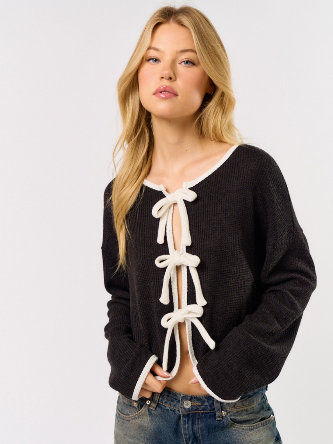 Contrast Bow Front Tie Cardigan Top